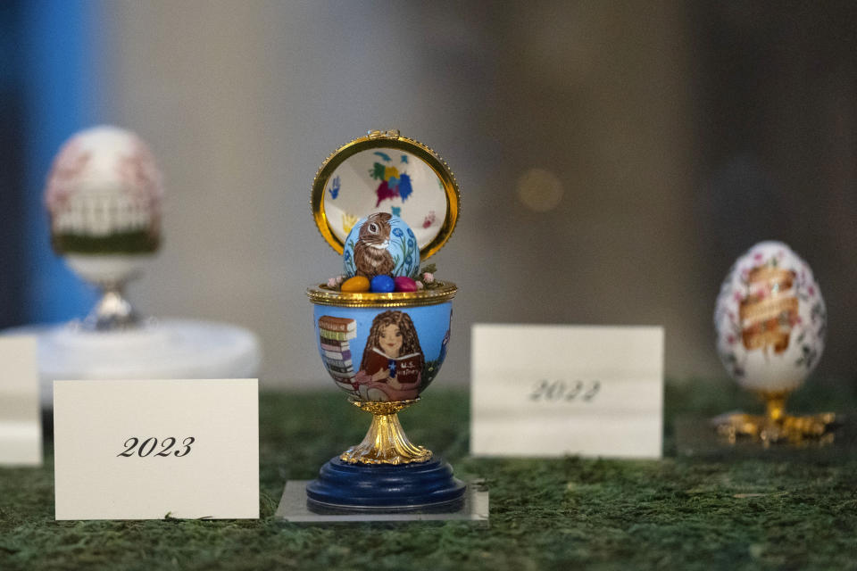 Decorations for the White House Easter Egg Roll adorn the East Colonnade of the White House, Thursday, March 28, 2024, in Washington. (AP Photo/Evan Vucci)