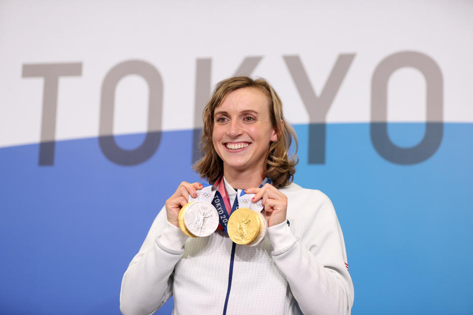 TOKYO, JAPAN - JULY 31: Katie Ledecky of Team USA poses with her two Gold and two Silver medals after a giving a press conference to the media during the Tokyo Olympic Games on July 31, 2021 in Tokyo, Japan. (Photo by Laurence Griffiths/Getty Images)