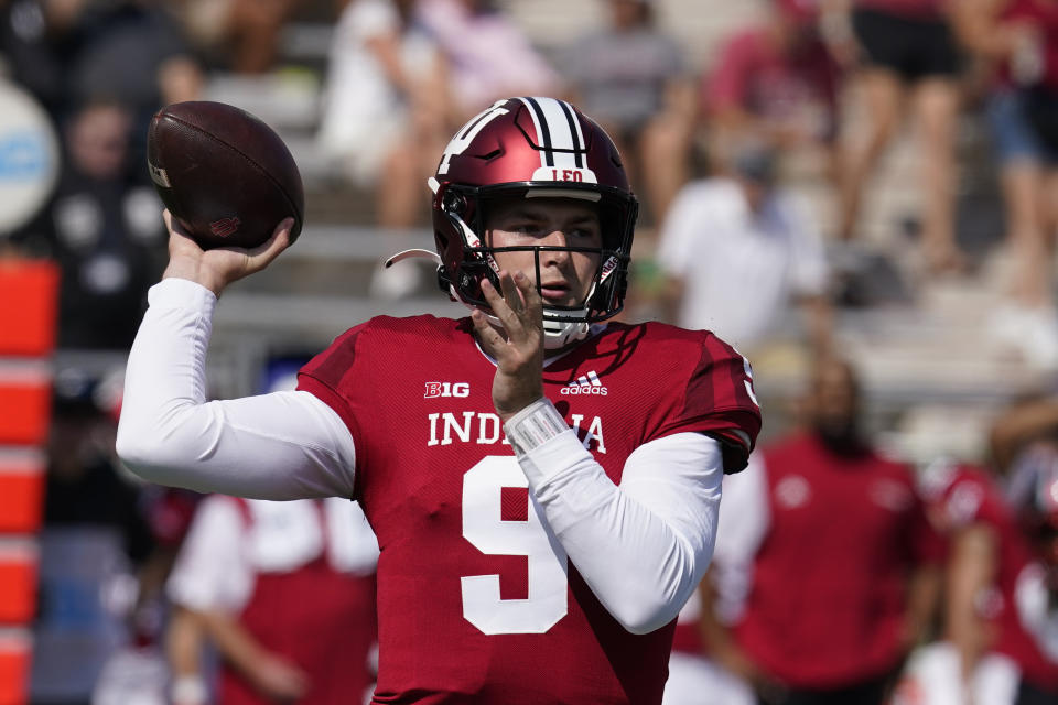 Indiana quarterback Connor Bazelak (9) throws during the first half of an NCAA college football game against Western Kentucky, Saturday, Sept. 17, 2022, in Bloomington, Ind. (AP Photo/Darron Cummings)