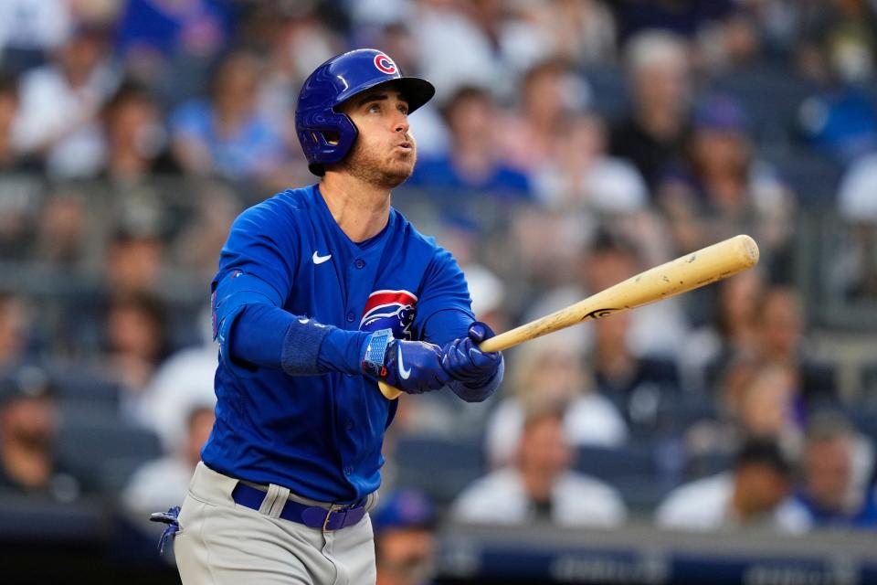 Chicago Cubs' Cody Bellinger watches his home run during the third inning of a baseball game against the New York Yankees, Friday, July 7, 2023, in New York. (AP Photo/Frank Franklin II)