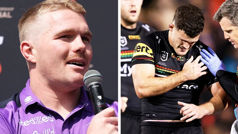 The Melbourne Storm and Josh King (pictured left) have denied any suggestion a wrestling-tackle injured Nathan Cleary (pictured right) ahead of the NRL grand final. (Getty Images)