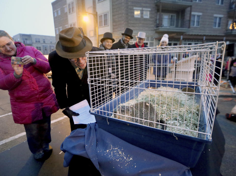 FILE - Sun Prairie, Wis. Mayor Paul Esser waits for a winter weather prediction from Jimmy the Groundhog during the 2016 Groundhog Prognostication event in Sun Prairie, Wis. Tuesday, Feb. 2, 2016. (John Hart/Wisconsin State Journal via AP, File)