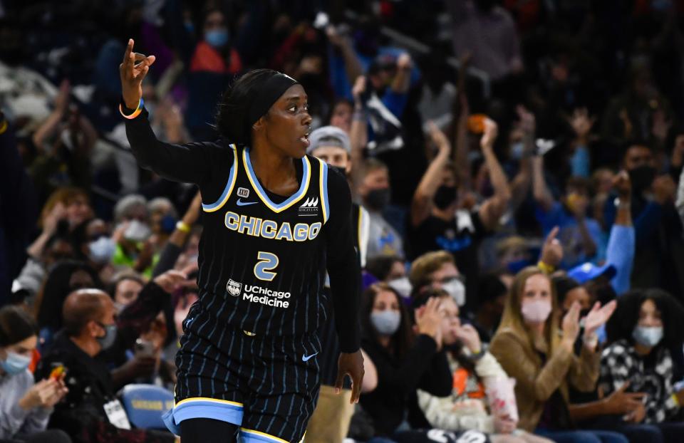 Chicago Sky guard/forward Kahleah Copper (2) after scoring a three point basket during the first half of game three of the 2021 WNBA Finals against the Phoenix Mercury at Wintrust Arena.