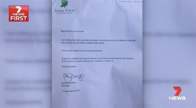 The letter sent home to parents. Source: 7News