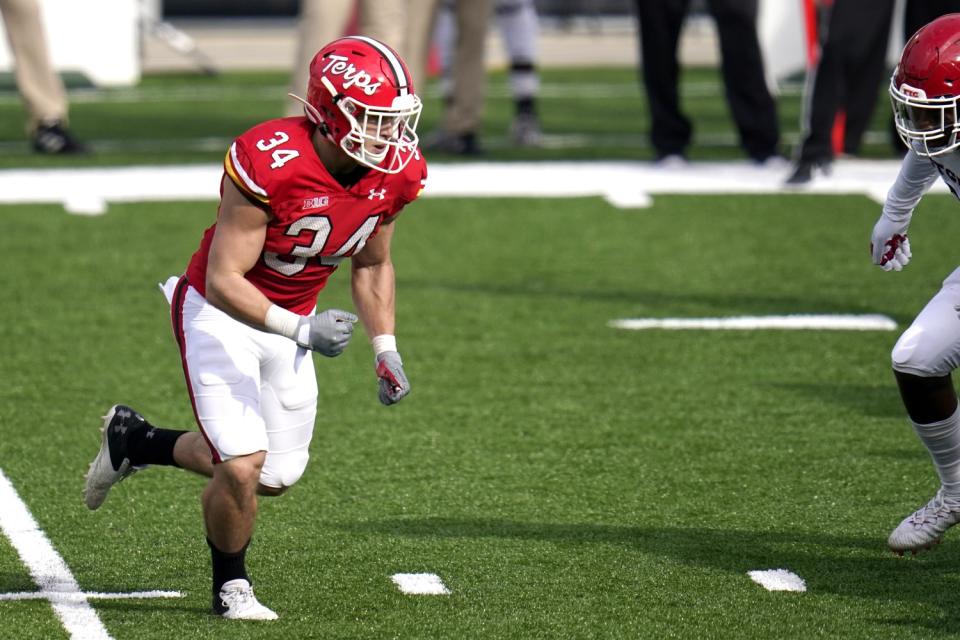 Maryland running back Jake Funk runs a route against Rutgers in 2020.