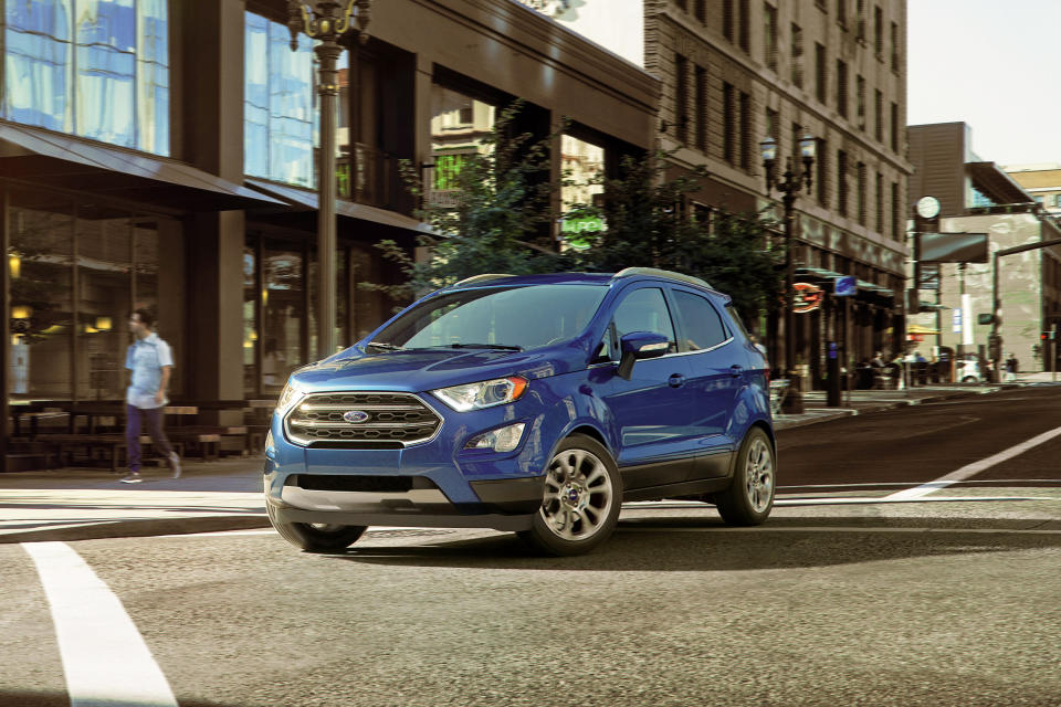 This photo provided by Ford shows the 2022 Ford Escape EcoSport, a subcompact SUV that gets about 25 mpg in combined city and highway driving. (Courtesy of Ford Motor Co. via AP)