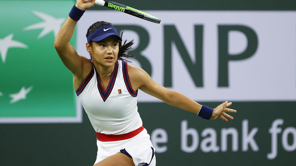 Emma Raducanu was defeated by world No.100 Aliaksandra Sasnovich in her first match after winning the US Open. (Photo by Tim Nwachukwu/Getty Images)