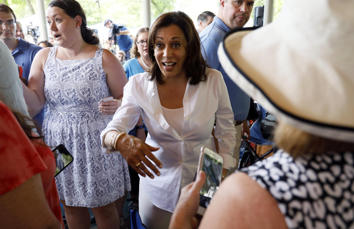 Sen. Kamala Harris attends a community picnic in West Des Moines, Iowa, on Wednesday. (AP Photo/Charlie Neibergall)