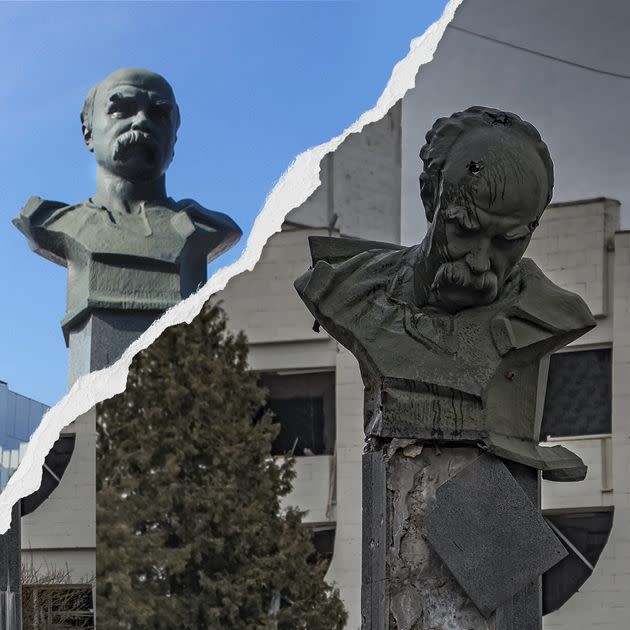 Shot in the forehead by Russian troops in Borodianka, near Kyiv, the monument to Ukraine’s greatest poet Taras Shevchenko, an iconic figure in the development of modern Ukrainian culture, became one of the symbols of the 2022 Russian invasion of Ukraine. (Photo: Before: Nin_gen/Livejournal ; After: Ukrainian Institute / Ukrainian Institute)