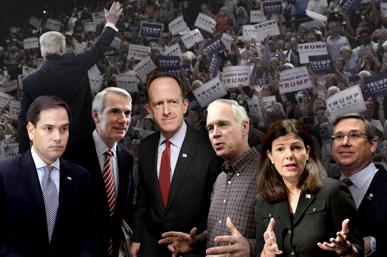 From left, Marco Rubio, Donald Trump (at rally), Rob Portman, Patrick Toomey, Ron Johnson, Kelly Ayotte, Mark Kirk. (Photo illustration, Yahoo News; photos: Lynne Sladky/AP, Evan Vucci/AP, Chip Somodevilla/Getty Images (2), Scott Bauer/AP, Jim Cole/AP, Gary Cameron/Reuters)