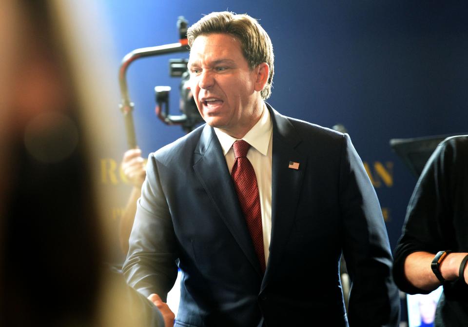 Florida Gov. Ron DeSantis interviews with Fox News inside the spin room at the Republican presidential debate at the Ronald Reagan Presidential Library & Museum in Simi Valley on Wednesday, Sept. 27, 2023.