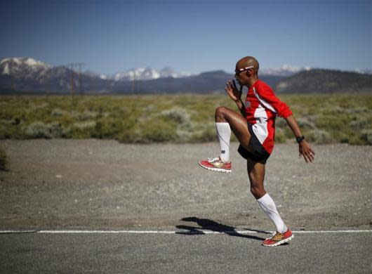 U.S. marathon runner Meb Keflezighi trains for the London 2012 Olympics in Mammoth Lakes, California May 30, 2012. Olympic silver medalist Keflezighi, 37, is the oldest American ever to qualify for the Olympic marathon. He trains at an altitude of around 9,000 feet in Mammoth to increase his red blood cells and boost his endurance.