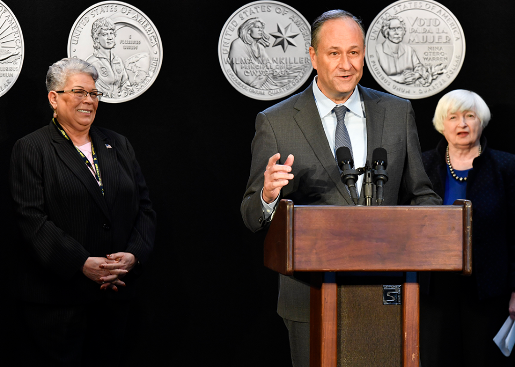 Douglas Emhoff, Ventris Gibson, and Janet Yellen at a press event for the American Women Quarters Program.