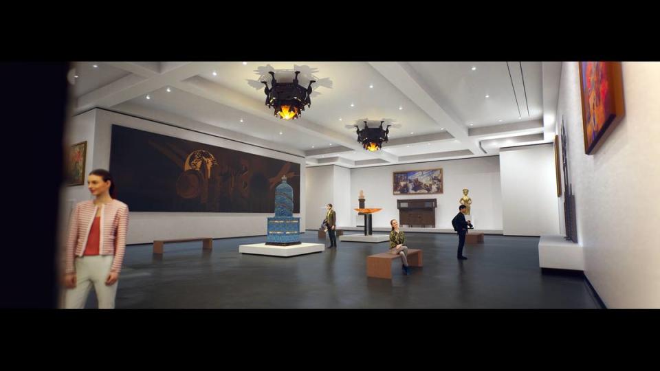 An architectural rendering shows the double-height Great Hall Gallery on the second floor of a proposed addition to the Wolfsonian-FIU museum in Miami Beach. The rendering displays pieces from the museum collection, including the ceiling lights and a monumental mural by painter Buell Mullen at left.