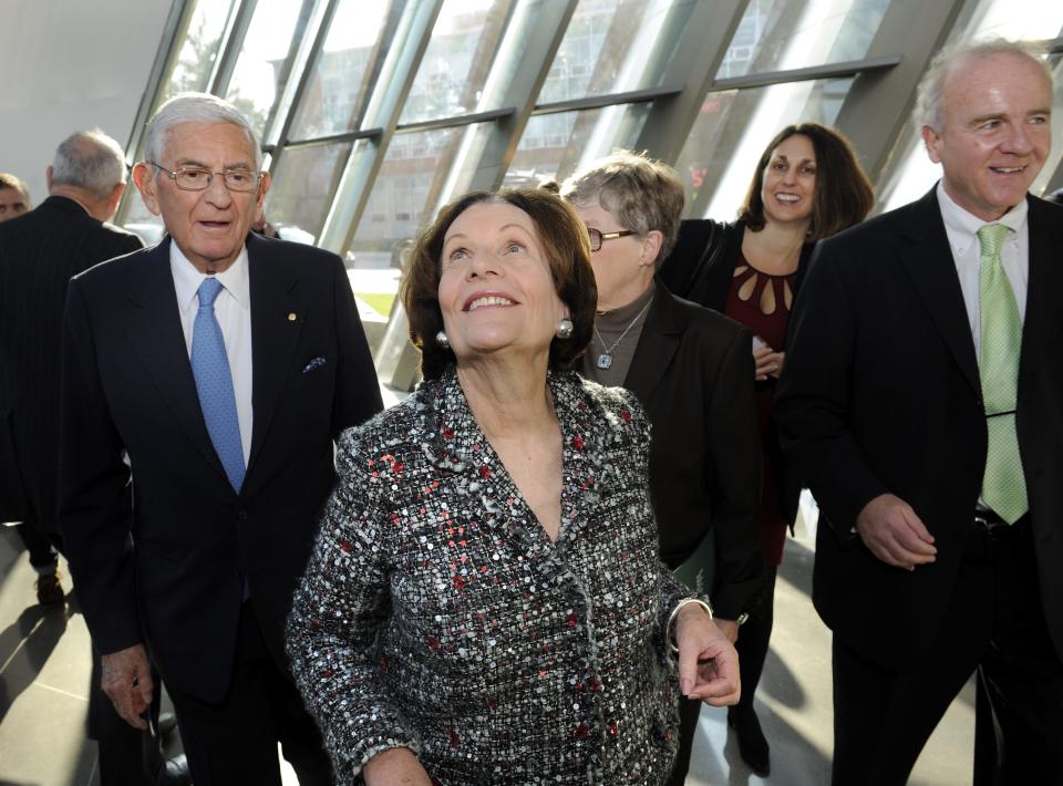 From left, Eli and Edythe Broad and museum founding director Michael Rush look at the details of the new Zaha Hadid-designed Broad Art Museum on Friday, Nov. 9, 2012, on the MSU campus in East Lansing.