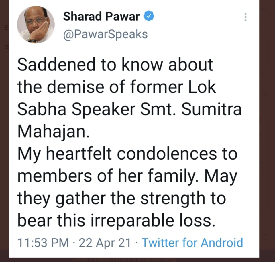 Sharad Pawar wrongly tweets about Sumitra Mahajan's death