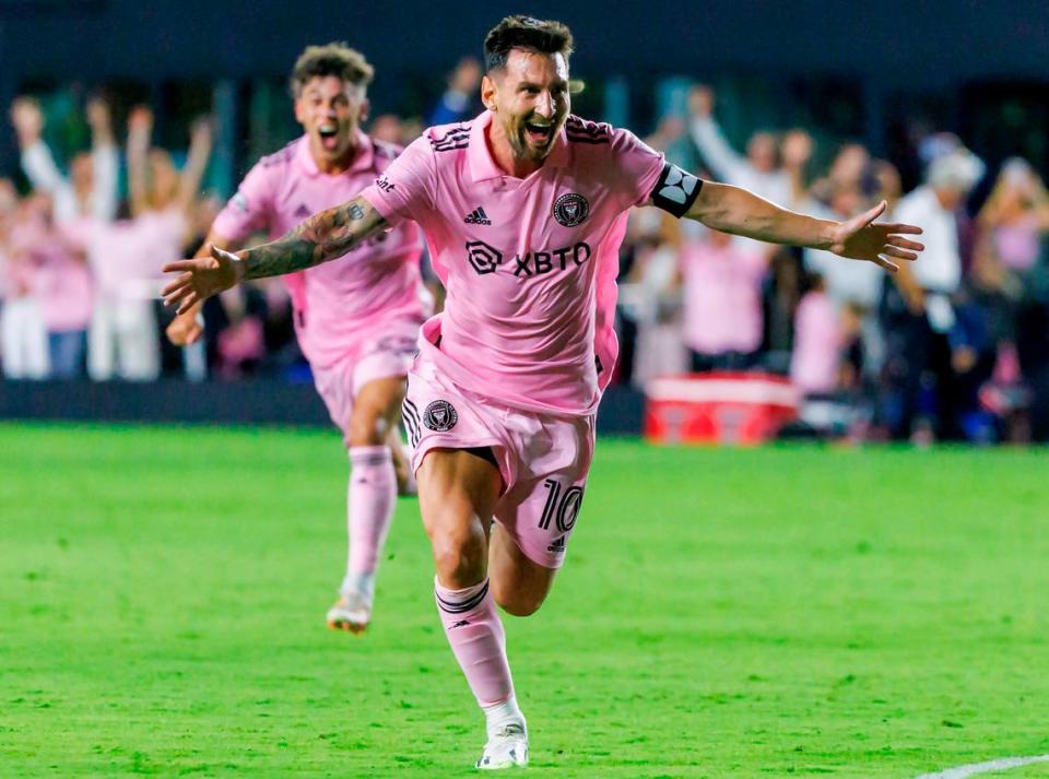 Inter Miami forward Lionel Messi (10) celebrates after scoring a free-kick goal against Cruz Azul during the second half of a Leagues Cup group stage match at DRV PNK Stadium on Friday, July 21, 2023, in Fort Lauderdale, Fla.