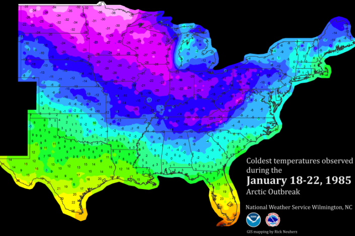 The coldest  temperatures observed during the Jan. 18-22, 1985 Arctic Outbreak.