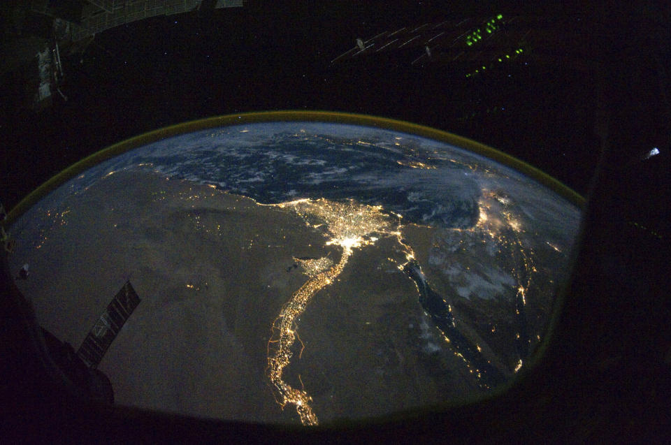 A night time photograph taken by a member of the International Space Station Expedition 25 crew shows the bright lights of Cairo and Alexandria in Egypt, on the Mediterranean coast, as well as the River Nile flowing south from Egypt's capital city. Photo credit: Nasa