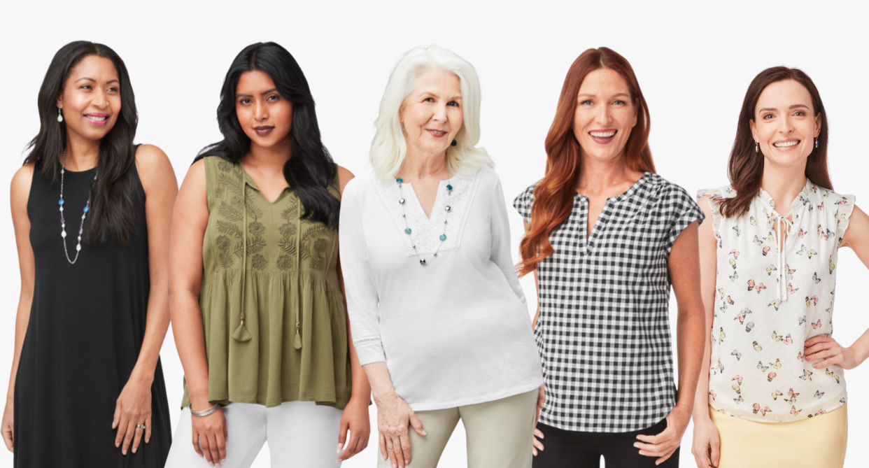 Northern Reflections, woman in black dress, woman in green sleeveless top, elderly woman in white shirt, red head in black and white gingham shirt, woman wearing northern reflections butterfly print blouse