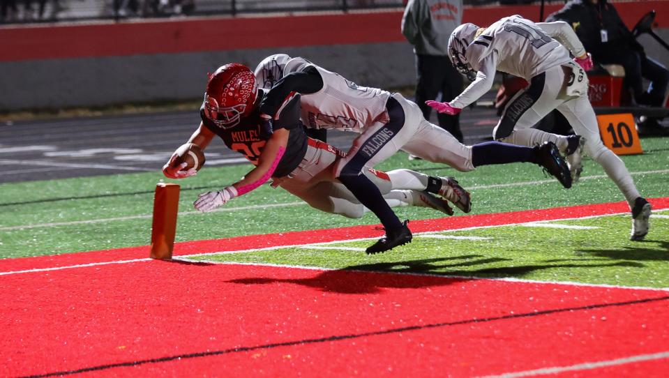 Tyler Boerst of Bedford (28) dives into the end zone with Farmington's Cameron Humes (24) along for the ride. Bedford won the Division 2 playoff game 41-28.