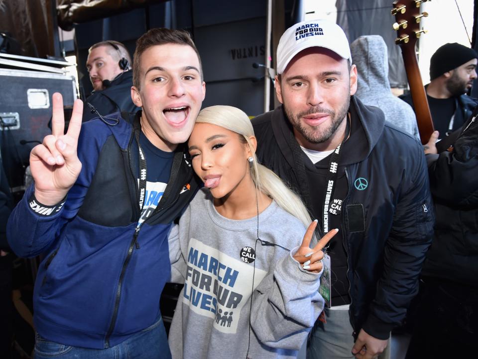 Marjory Stoneman Douglas High School student Cameron Kasky, Ariana Grande, and Scooter Braun attend March For Our Lives on March 24, 2018 in Washington, DC.