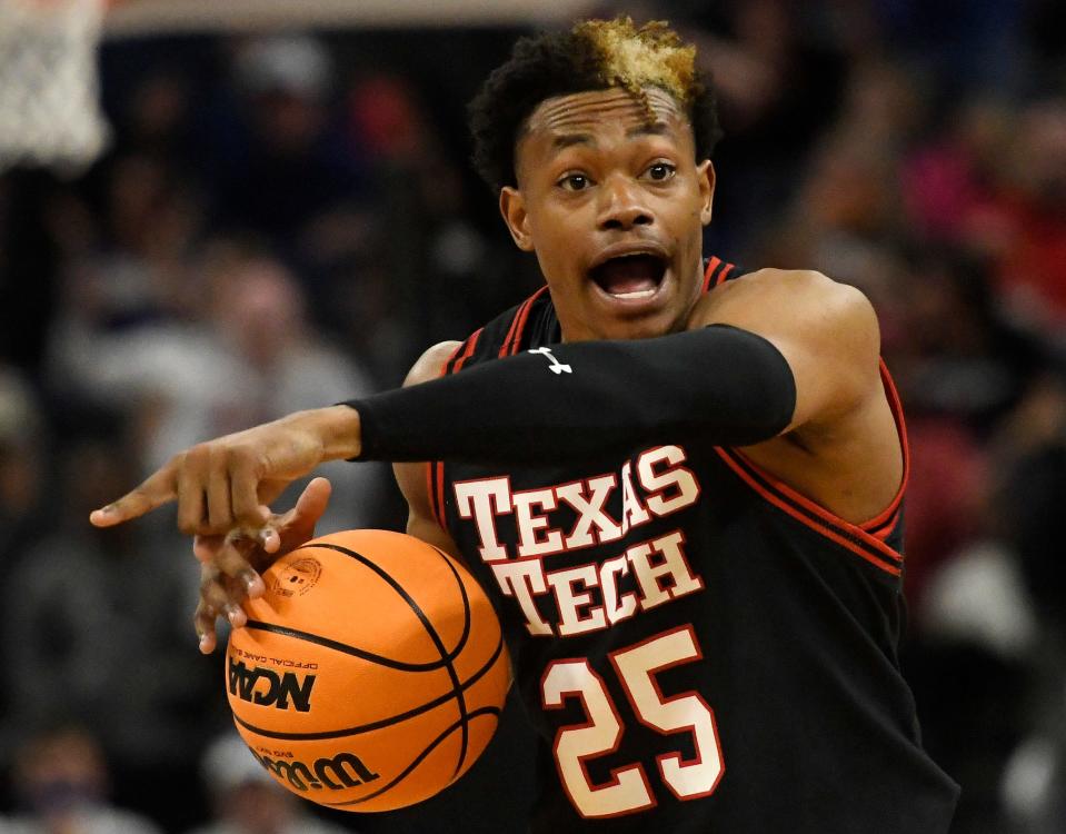 Texas Tech's Adonis Arms (25) gestures during the game against Duke, Thursday, March 24, 2022, at the Chase Center in San Francisco. Duke won, 78-73.