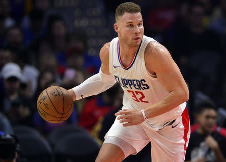 November 27, 2017; Los Angeles, CA, USA; Los Angeles Clippers forward Blake Griffin (32) controls the ball against the Los Angeles Lakers during the first half at Staples Center. Mandatory Credit: Gary A. Vasquez-USA TODAY Sports
