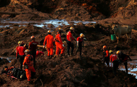 Members of a rescue team search for victims after a tailings dam owned by Brazilian mining company Vale SA collapsed, in Brumadinho, Brazil January 28, 2019. REUTERS/Adriano Machado