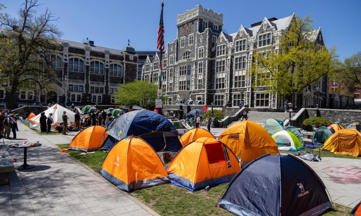 <span>Pro-Palestinian protesters maintain their encampment on the lawn on the campus of CUNY City College, on 26 April.</span><span>Photograph: Jesus King/REX/Shutterstock</span>