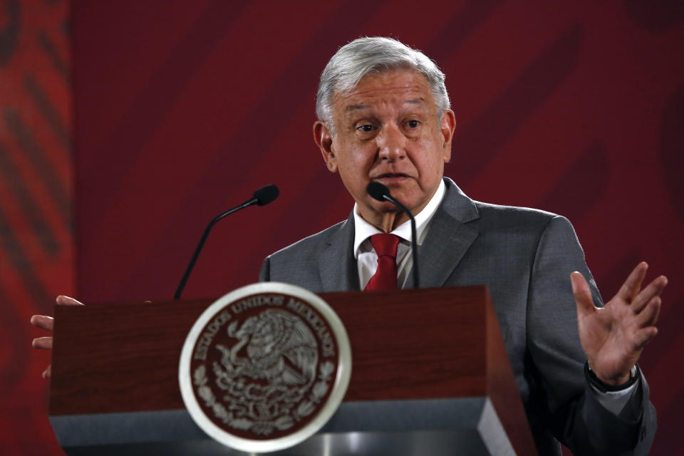 Mexico's President Andrés Manuel López Obrador says Mexico will not respond to U.S. President Donald Trump's threat of coercive tariffs with desperation, but instead push for dialogue, during his daily morning press conference at the National Palace, in Mexico City, Friday, May 31, 2019. (AP Photo/Ginnette Riquelme)