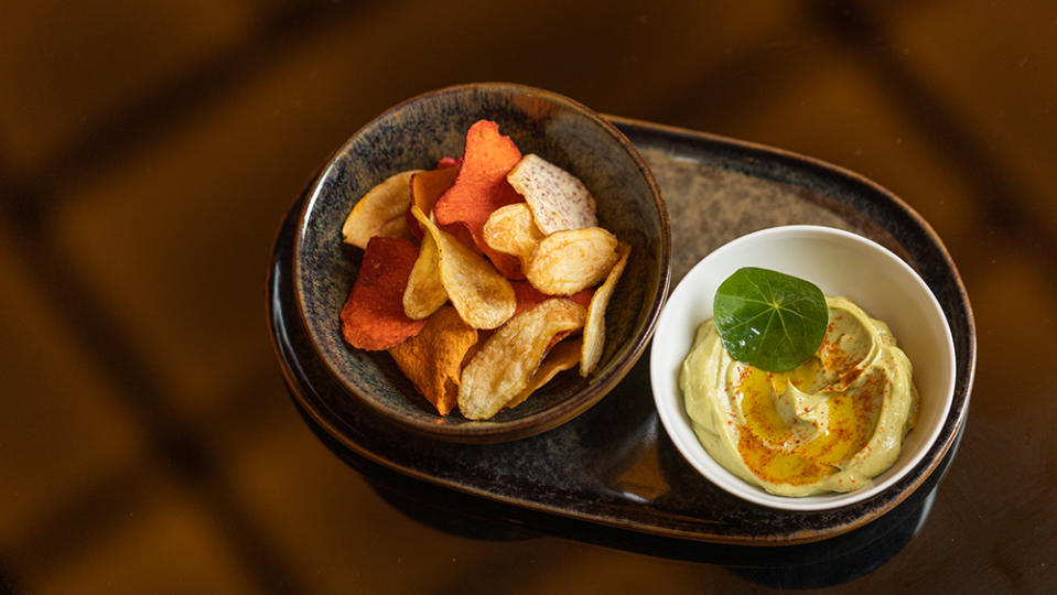 Charred avocado mousse with sweet potato chips