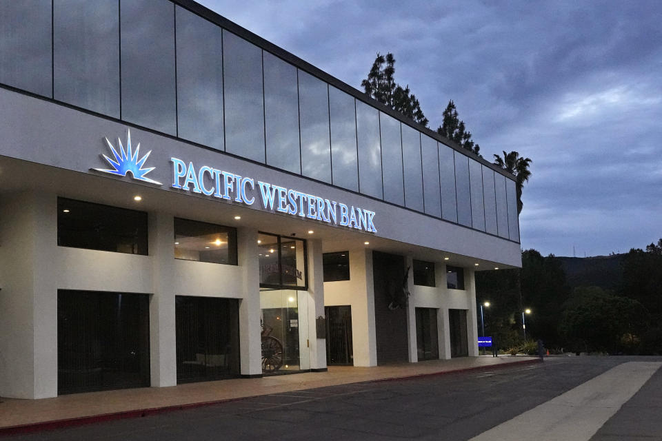 A Pacific Western Bank branch is seen Wednesday, May 3, 2023, in Thousand Oaks, Calif. (AP Photo/Mark J. Terrill)