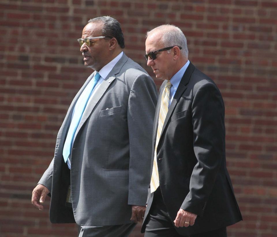 Akron Deputy Mayor Marco Sommerville, left, and Akron Mayor Dan Horrigan arrive for the calling hours and funeral last month for Jayland Walker at the Akron Civic Theatre. The shooting death of Walker by Akron police caused an outcry locally and nationally for police reform and liability.