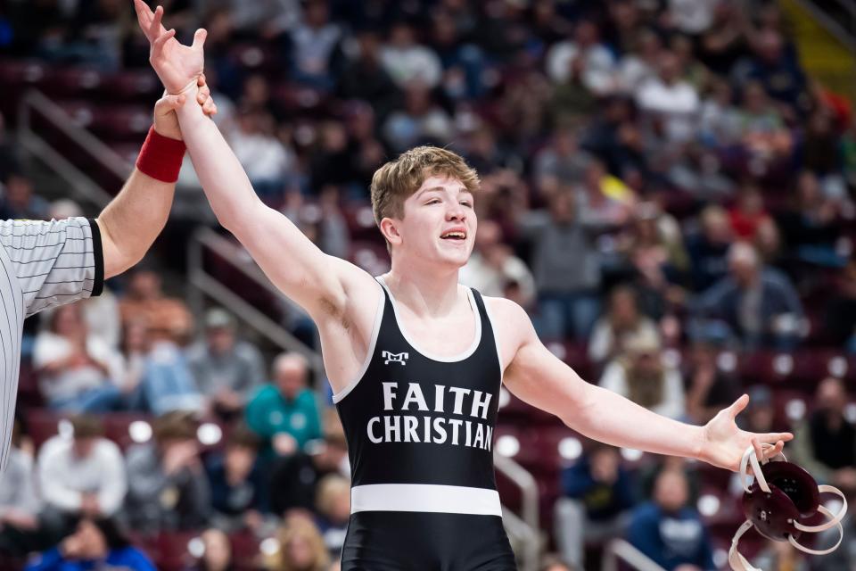 Faith Christian's Adam Waters reacts after winning the 172-pound championship bout by fall at the PIAA Class 2A Wrestling Championships at the Giant Center on March 11, 2023, in Hershey. With the win, Waters became the program's second state title winner.