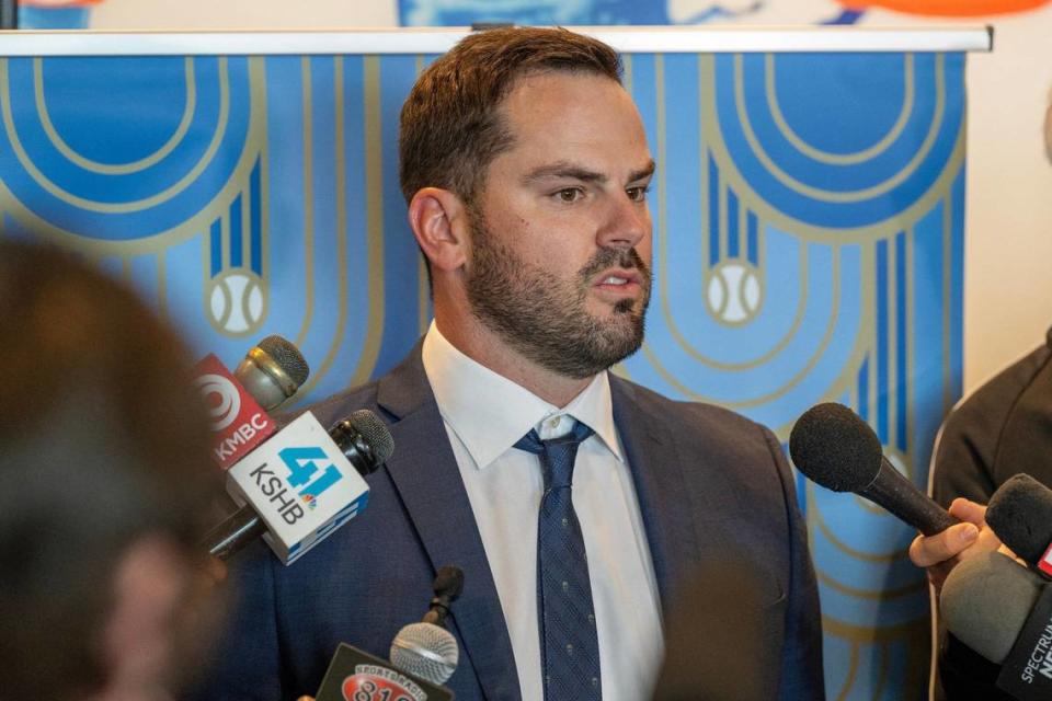 Former Kansas City Royals third basemen Mike Moustakas chats with reporters during a news conference at the Loews Hotel on Thursday, May 16, 2024, in Kansas City.