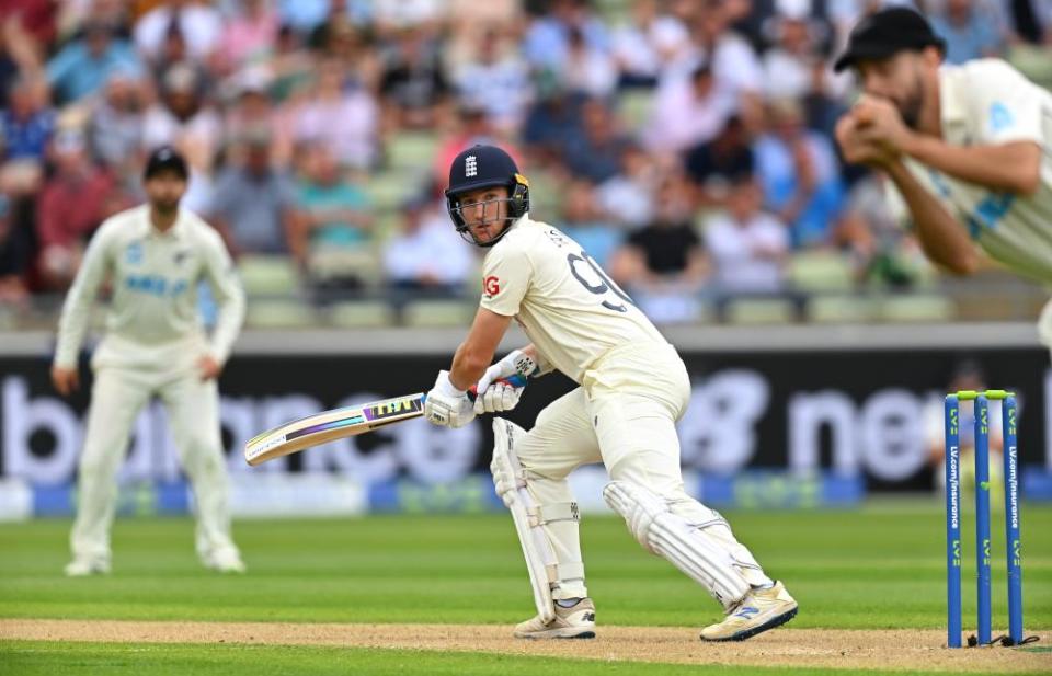 James Bracey sees the ball caught by Daryl Mitchell as he falls for a golden duck