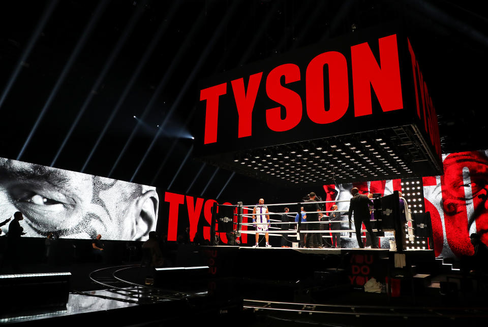 LOS ANGELES, CALIFORNIA - NOVEMBER 28: Mike Tyson enters the ring during Mike Tyson vs Roy Jones Jr. presented by Triller at Staples Center on November 28, 2020 in Los Angeles, California. (Photo by Joe Scarnici/Getty Images for Triller)