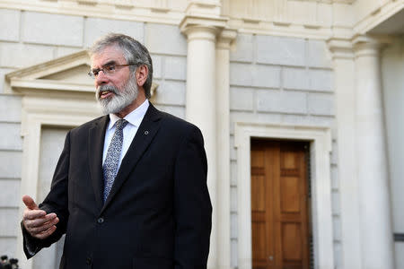 Sinn Fein president Gerry Adams speaks during an interview with Reuters at Government buildings in Dublin, Ireland March 9, 2017. REUTERS/Clodagh Kilcoyne