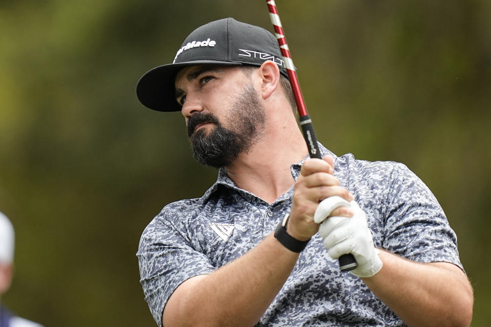 Chad Ramey watches his drive off the 12th tee during the second round of the Players Championship golf tournament Friday, March 10, 2023, in Ponte Vedra Beach, Fla. (AP Photo/Eric Gay)