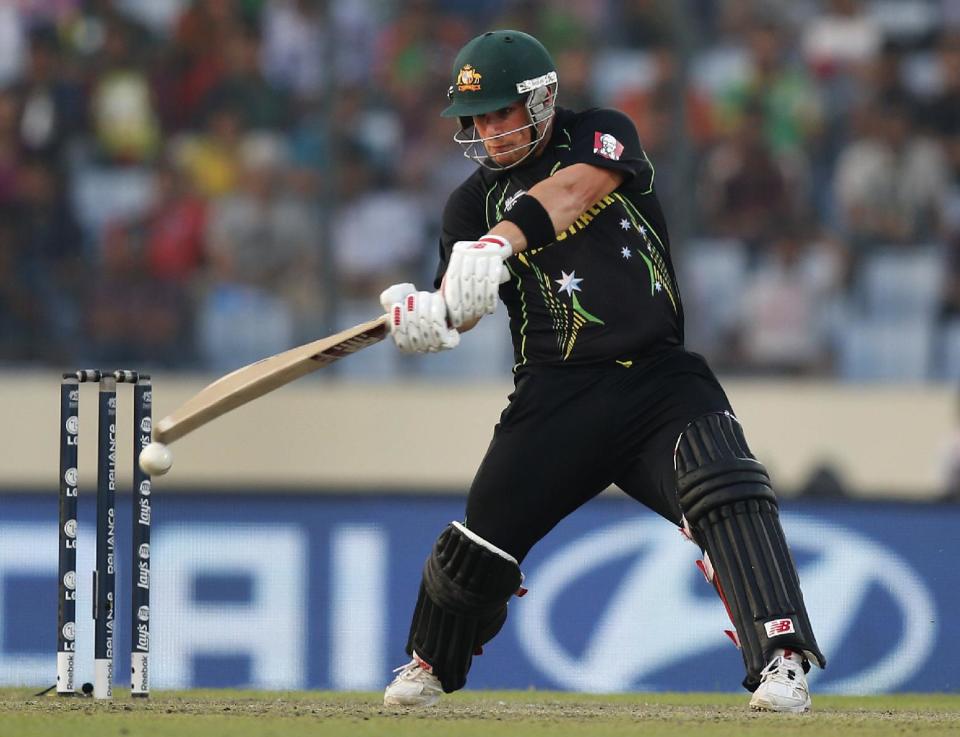 Australia batsman Aaron Finch plays a shot during their ICC Twenty20 Cricket World Cup match against Bangladesh in Dhaka, Bangladesh, Tuesday, April 1, 2014. (AP Photo/Aijaz Rahi)