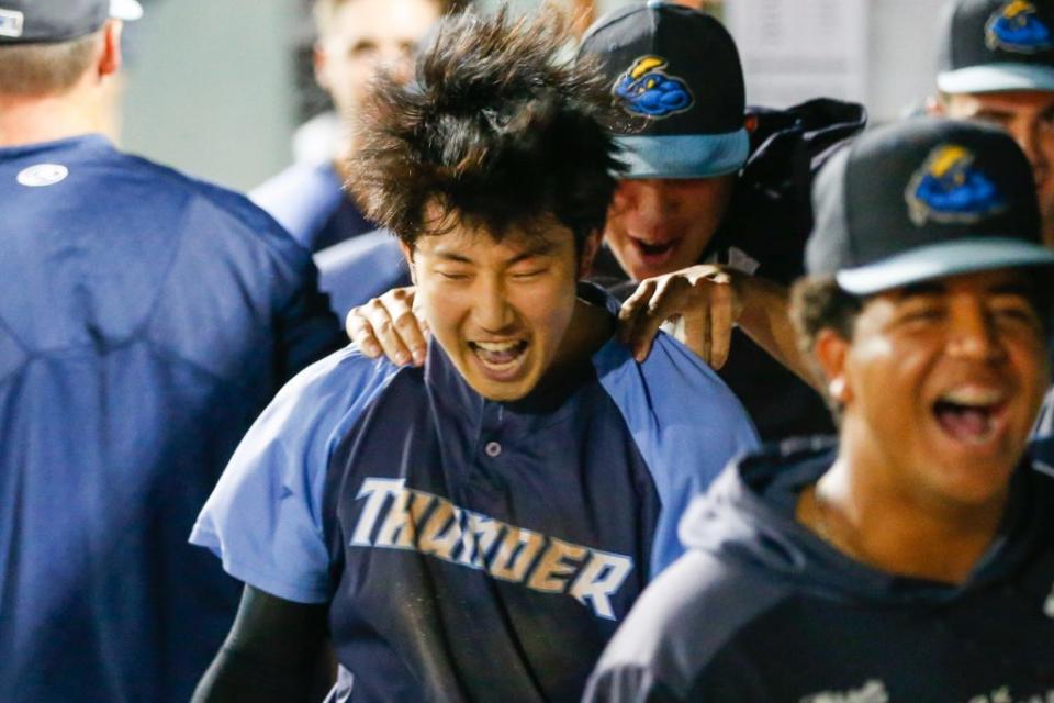 Bowie, MS, Thursday, September 12, 2019: Trenton Thunder second baseman Hoy Jun Park (12) celebrates after scoring the go ahead run during an Eastern League Championship playoff game at Prince George’s Stadium in Bowie, MS. (Michael R. Smith/The Prince George’s Sentinel).