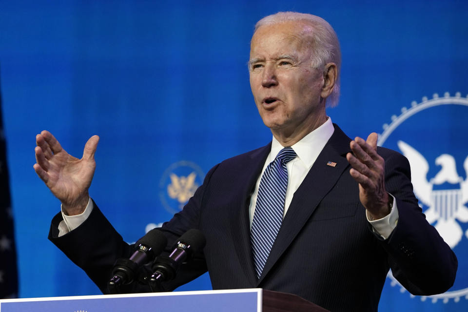 President-elect Joe Biden speaks during an event at The Queen theater in Wilmington, Del., Thursday, Jan. 7, 2021, to announce key nominees for the Justice Department. (AP Photo/Susan Walsh)