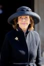 <p>Queen Silvia of Sweden also wore pearl earrings, and a wide-brimmed black hat.</p>
