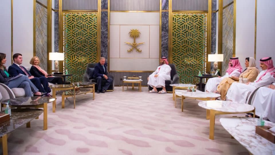 This photo posted to X.com by the state news agency of Saudi Arabia shows Sen. Lindsey Graham meeting with Saudi Crown Prince Mohammed bin Salman on April 11, 2023. - From Saudi Press Agency/X.com