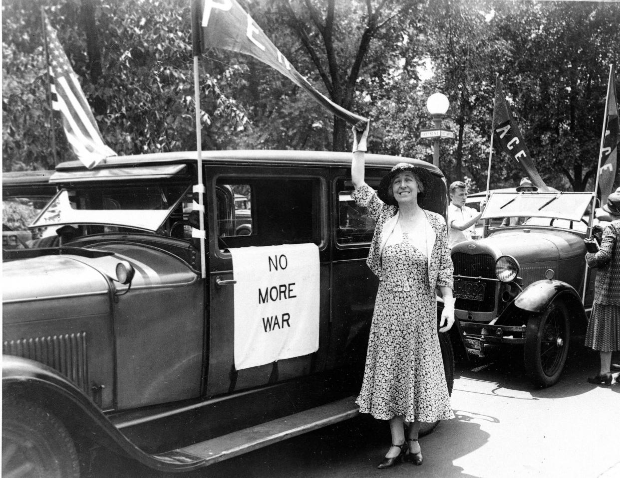 Former U.S. congresswoman Jeannette Rankin (R-Montana) prepares to leave Washington, June 2, 1932, for a speaking tour calling for a peace plank in the Republican and Democratic party platforms.  As the first woman elected to Congress, she did not vote for war in 1917.