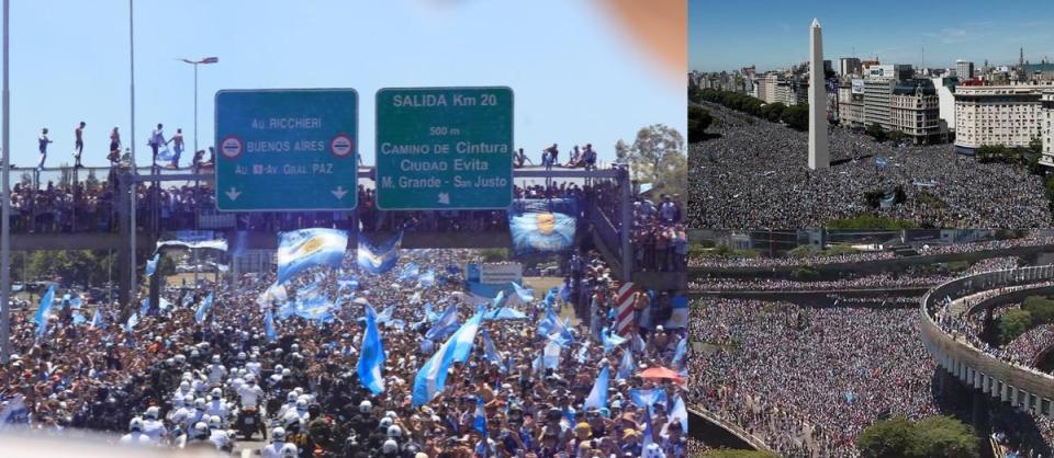 阿根廷國家隊受到民眾擠爆街道歡迎，更有民眾直接爬到欄杆上。（翻攝自Messismo、Selección ArgentinaTwitter）