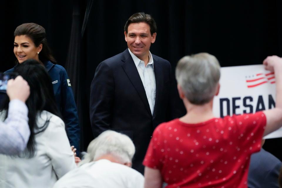 Republican presidential candidate Florida Gov. Ron DeSantis arrives with his wife Casey during a campaign event, Thursday, June 1, 2023, in Rochester, N.H.