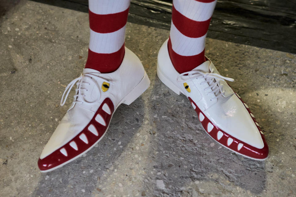 PARIS, FRANCE - JUNE 21: (EDITORIAL USE ONLY - For Non-Editorial use please seek approval from Fashion House) A model poses backstage prior to the Walter Van Beirendonck Menswear Spring/Summer 2024 show as part of Paris Fashion Week on June 21, 2023 in Paris, France. 