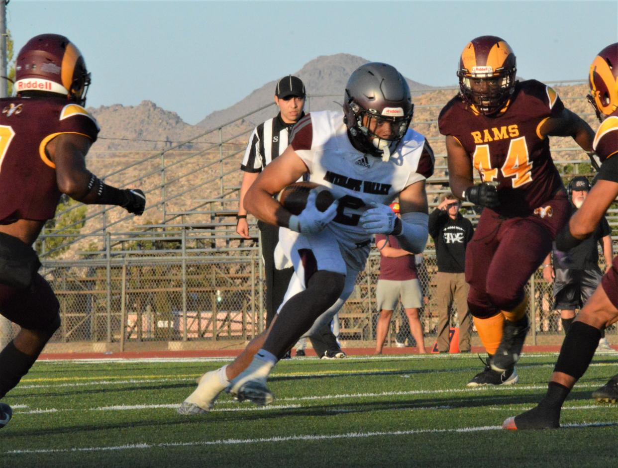 Antelope Valley College's Carlos Hill carries the ball against Victor Valley College at Ray Moore Stadium on Saturday, Sept. 17, 2022.